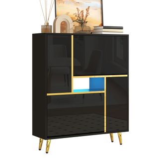 Armoire à Chaussures Moderne Avec Façades Brillantes,portes à Étagères Réglables,led Couleurs, Noir