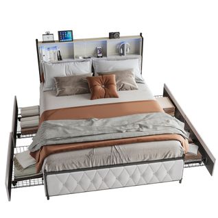 Lit 180x200 Cm Avec Sommier LED Et USB,lit Double Rembourré Avec Sommier à Lattes Et 4 Tiroirs,beige