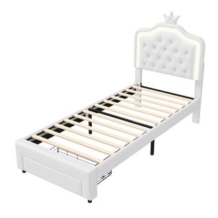 Lit Rembourré, Cadre De Lit 140 X 200 Cm, Avec Lampes LED Et Sommier à Lattes Et Dossier, Pu, Beige