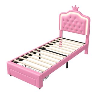 Lit Rembourré, Cadre De Lit 90 X 200 Cm, Avec Lampes LED Et Sommier à Lattes Et Dossier, Pu, Rose