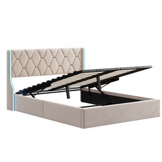 Lit Rembourré 140x200 Avec LED Et Rangement, Lits Capitonné Avec Sommier à Lattes, Velours,beige