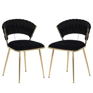 Lot De 2 Chaises De Salle à Manger En Velours  Noir Avec Dossier Rond Tressé Et Pieds Dorés