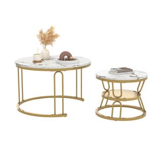 Lot De 2 Tables Basses Gigognes Tables Rondes Plateau Blanc Aspect Marbre Et Pied En Acier Doré