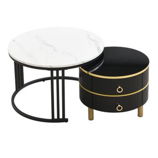 Lot De 2 Tables Basses Rondes Avec Placage En Marbre, Table D'appoint Brillante Avec Tiroirs, Noir