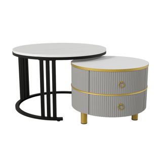 Lot De 2 Tables Basses Rondes Modernes Avec Placage En Marbre Brillant Avec 2 Tiroirs, Gris