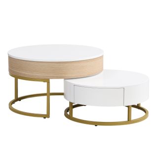 Table Basse Réglable En Hauteur, Table De Salon Moderne Avec 2 Tiroirs, Blanc Et Couleur Bois