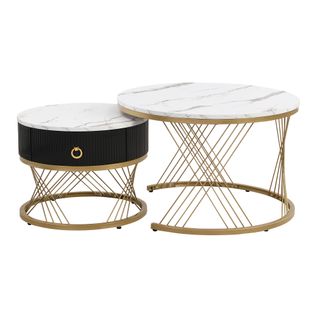 Lot De 2 Tables Basses Gigognes, Table Basse Avec Tiroir Noir Et Des Accents Dorés , Blancetnoir