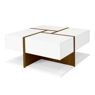 Table Basse Carrée Blanche Avec Quatre Tiroirs, Table De Salon Avec Espace De Rangement