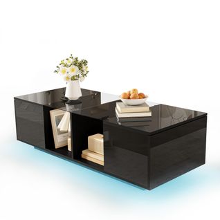 Table Basse Moderne Noir Avec LED, Avec Deux Portes De Placard Et Beaucoup D'espace De Rangement