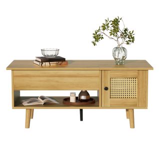 Table Basse Réglable En Hauteur - Compartiment De Rangement Caché - Avec Plateau Pliable - Bois