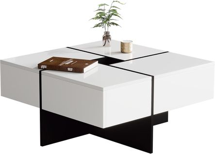 Table Basse De Salon, Avec 4 Tiroirs,  Moderne, Avec Deux Étagères, Multifonctionnelle,  Blanche