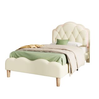 Lit D'enfant 90 X 200 Cm, Avec Tête De Lit Ondulée, LED, Lit Simple, Lattes En Bois, Blanc