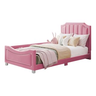 Lit Pour Enfant 90 X 200 Cm, Rembourré, Avec Dossier, Accoudoirs,  En Flanelle, Rose