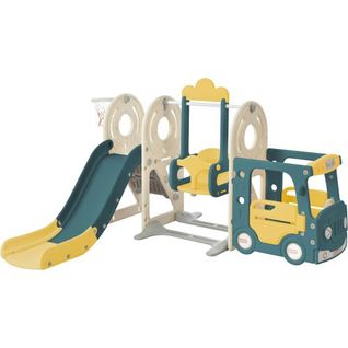 Ensemble Toboggan, Balançoire, Bus, Échelle, Panier De Basket Et Ballon Assorti
