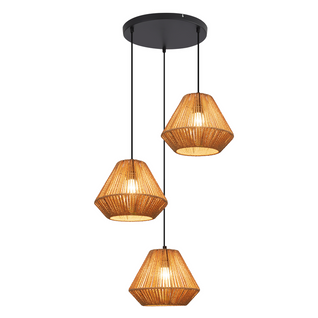 Suspension Boho Rotin Table à Manger - Lampe 3 Lumières E27, Hauteur Réglable, Rétro(sans Ampoule)