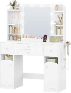 Coiffeuse Avec Eclairage LED, Coiffeuse Avec 2 Grands Tiroirs Avec Rangement Pour Bijoux, 2 Armoires