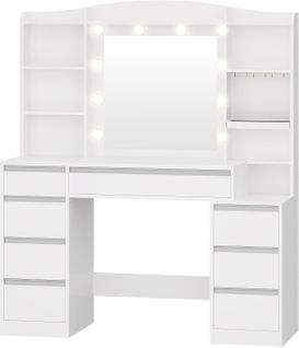 Coiffeuse Avec 8 Tiroirs, Bureau De 100 Cm De Large Avec Table De Chevet Intégrée, Blanc