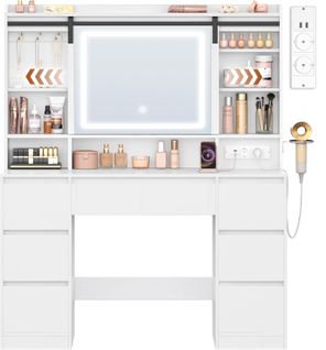 Coiffeuse Avec Miroir, 3 Couleurs, Multiprise, Espaces De Rangement Ouverts, 40 × 108 × 148,6 Cm