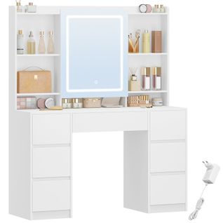 Grande Coiffeuse Avec Miroir Et Éclairage LED Réglable, 7 Tiroirs Et Rangement Pour Bijoux, Blanc