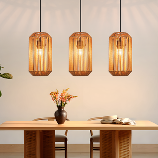 Suspension 3 Flamme Noire E27 Vintage Rotin Style (ampoule Non Incluse)