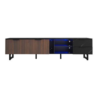 Meuble TV Noir Effet Marbre 200 Cm Avec Portes Bois Foncé Et Éclairage LED Réglable