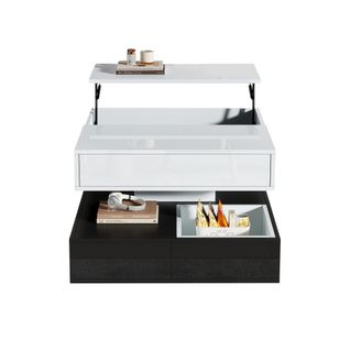 Table Basse Avec Plateau Pivotant à 360°, Table De Salon Double Niveau Avec 3 Tiroirs