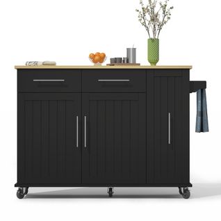 Îlot De Cuisine Mobile Avec Plateau Rabattable, Rangements Coulissants, Roulettes, Noir