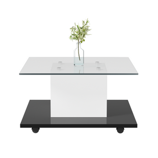 Table Basse, Table Basse En Verre Brillant, Table Basse Mobile Avec Roulettes, Blanc + Noir