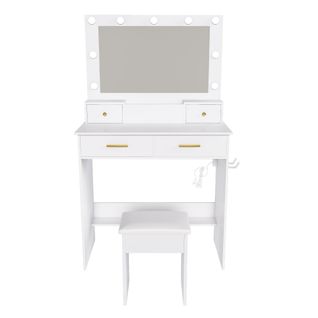 Coiffeuse Avec LED 3 Couleurs, Prise Intégrée, 4 Tiroirs, Tabouret Inclus, Blanc 80×137×40 Cm