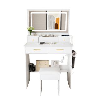 Coiffeuse Chambre Avec Grand Miroir, LED 3 Couleurs, Prise, 4 Tiroirs, Tabouret, Blanc 80×137×40 Cm