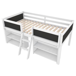 Lit Enfant Lit Mezzanine 90 X 200 Cm Avec Étagères Pour Le Rangement, Échelle, Pin＋mdf, Blanc