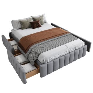 Lit Double Capitonné 140x200 Cm, Lit Adulte Avec 4 Tiroirs, Velours, Gris