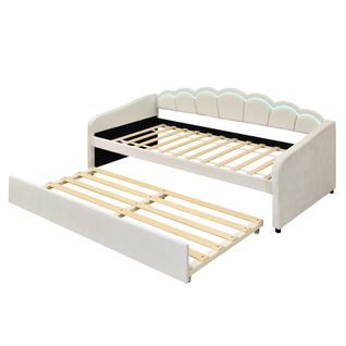 Lit Enfant Lit Gigogne 90x200 Cm, Lumière Ambiante Changeante, Télécommande, Velours, Beige + Blanc