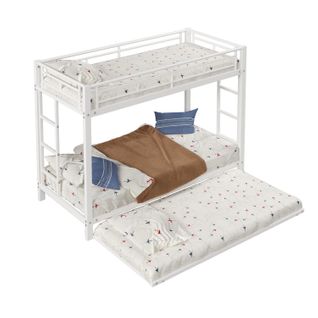 Lit Superposé 90x200 Cm, Lit Enfant Avec Lit Gigogne, Cadre De Lit En Fer, Blanc