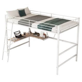 Lit Mezzanine Lit Adulte 90x200 Cm, Lit En Fer Avec Avec Bureau En L Et Étagère, Blanc