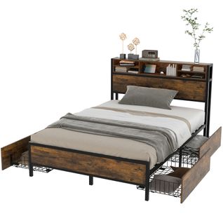 Lit Double Lit 140 X 200 Cm En Métal Avec LED, Port De Chargement USB, 4 Tiroirs, Marron