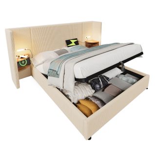 Lit Coffre Adulte 160×200cm Avec Table De Chevet, Liseuse Et USB Type-c, Velours Côtelé, Beige