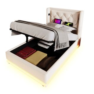 Lit Coffre Enfant 90x200cm, Lit 1 Place Hydraulique Avec Chargement USB Type-c Et LED, Coton, Beige