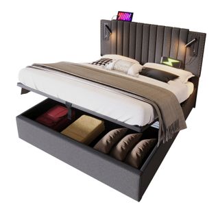 Lit Coffre Lit 180x200, Lit 2 Place Avec Chargeur USB, Lampe De Lecture, Design Rivet, Coton, Gris