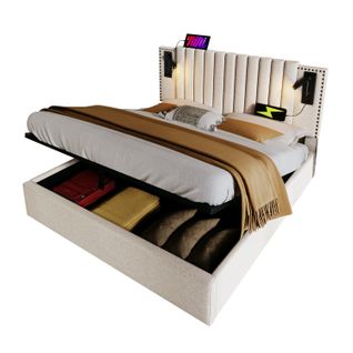 Lit Coffre Lit 160x200, Lit 2 Place Avec Chargeur USB, Lampe De Lecture, Design Rivet, Coton, Beige