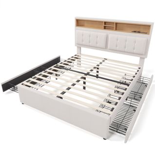 Lit Adulte Lit 160x200, Lit 2 Place Avec 4 Tiroirs De Rangement, USB C Et Prises, Lin, Beige