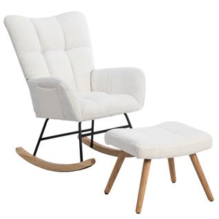 Fauteuil à Bascule Rembourré En Tissu Teddy Avec Repose-pieds Pour Salon Chambre, Blanc