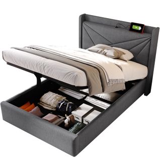 Lit Coffre Enfant 90x200 Cm Lit Jeune, Tête De Lit Avec Chargement USB Type C, Coton Et Lin, Gris