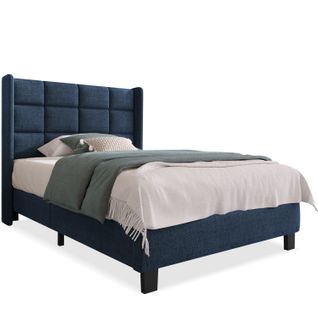 Lit Enfant Lit Jeune Lit 90x200 Avec Tête De Lit Et Sommier à Lattes En Bois, Lin, Bleu
