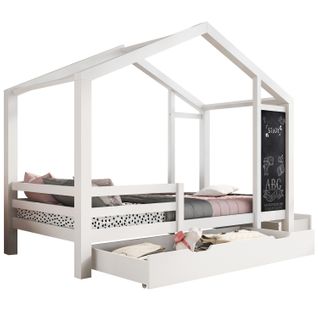 Lit Cabane Lit Enfant 90 X 200 Cm, Lit En Bois Avec Tableau Noir Et 2 Tiroirs, Blanc