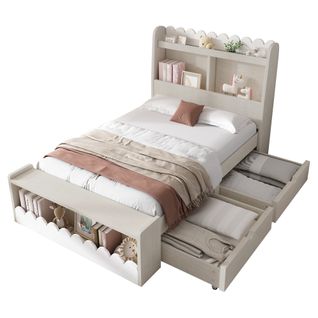 Lit Enfant 90x200 Cm, Lit Coffre Avec Tiroirs, Banquette, Tête De Lit De Rangement, Mdf, Blanc