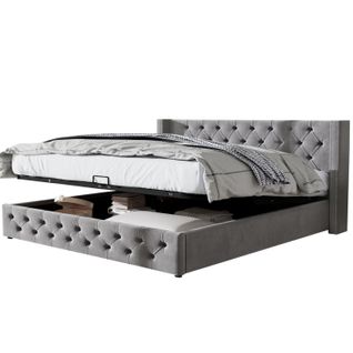 Lit Coffre Hydraulique 140x200 Cm, Lit 2 Place Pour Adulte, Design Rivet, Avec Fond, Velours, Gris