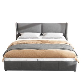 Lit Coffre Hydraulique, Lit 2 Place 160 X 200 Cm, Lit Adulte Avec Fond, Lattes Bois, Velours, Gris