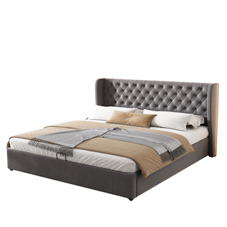 Lit Coffre Lit Adulte Lit Double 180x200cm, Tête De Lit Capitonnée à Oreilles Larges, Velours, Gris