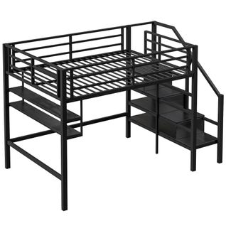 Lit Mezzanine 140*200cm, Garde Corps Anti-chute, Échelle De Rangement, Métal Noir